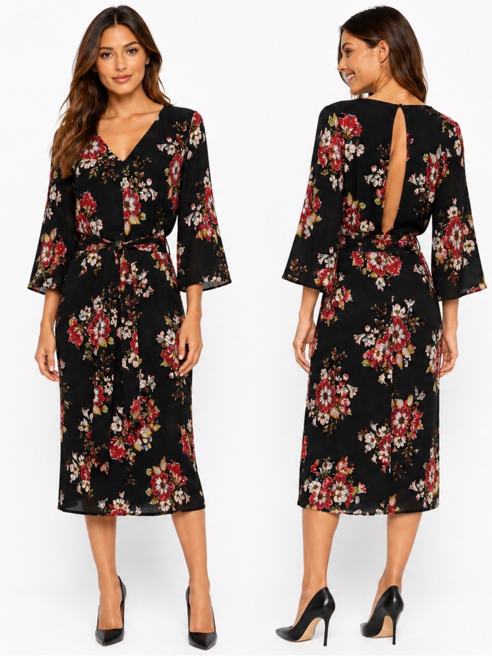 Zara Basic Black Floral Open Back Belted Midi Dress Long Sleeve Size S Boho Chic